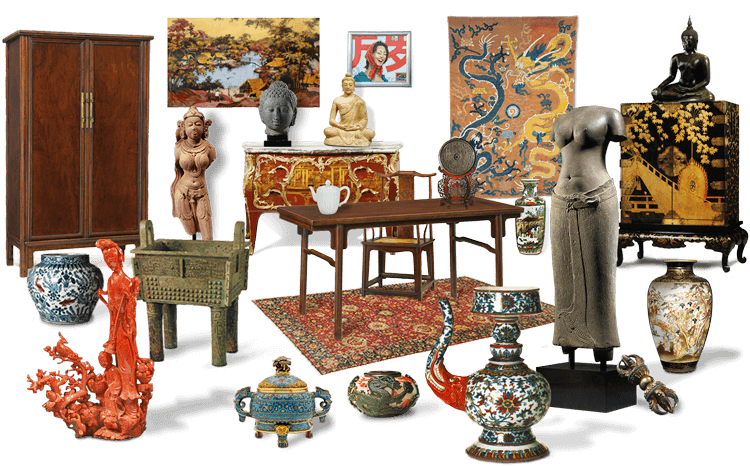 Ensemble d'arts asiatiques : cabinet laqué, paravents, vases en porcelaine et bronzes