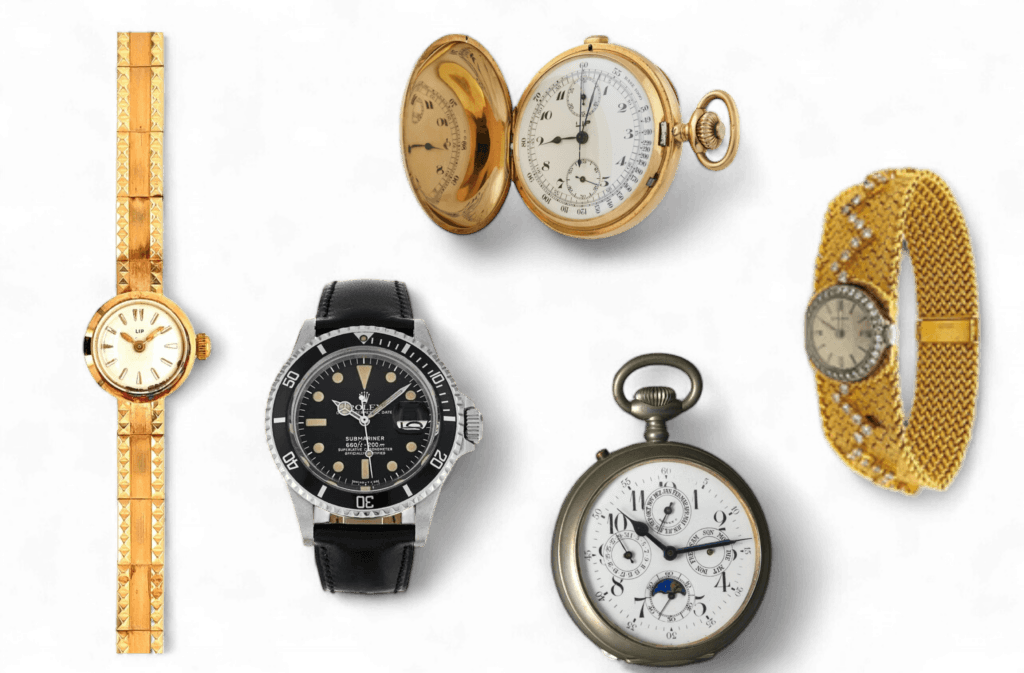 Collection de montres : montres-bracelets en or, montre plongeuse, montres à gousset