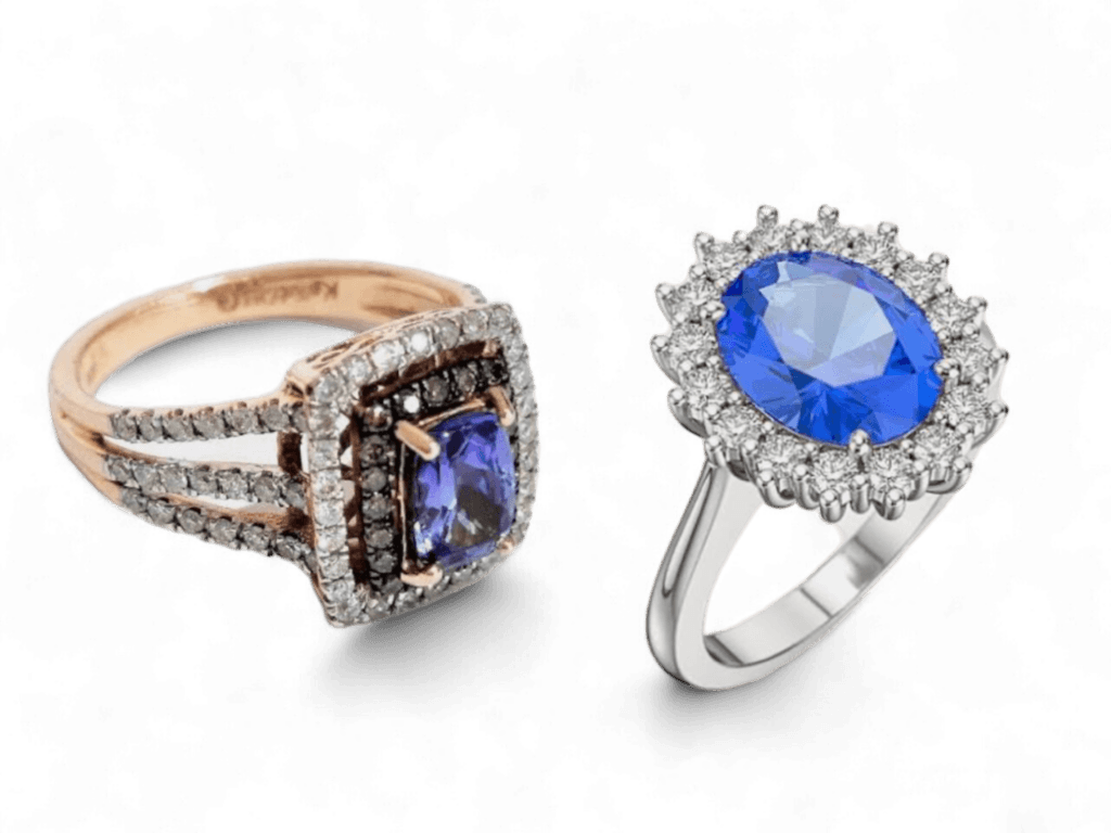 Deux bagues anciennes serties : entourage tanzanite et saphir sur diamants