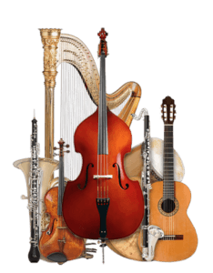 Contrebasse, harpe, guitare et violon anciens