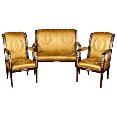Salon Empire en bois doré avec canapé et fauteuils en soie dorée à motifs de laurier