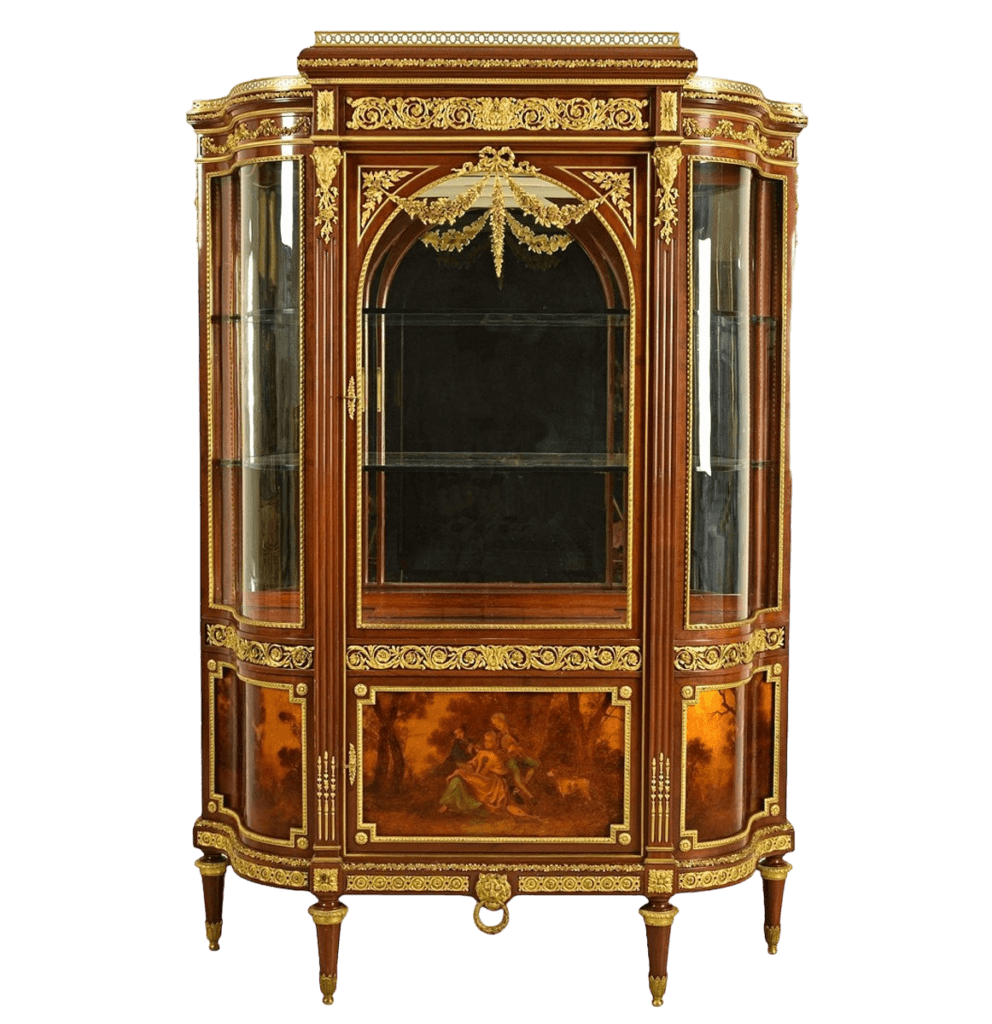Vitrine Louis XVI en marqueterie avec bronzes dorés et panneau central marqueté