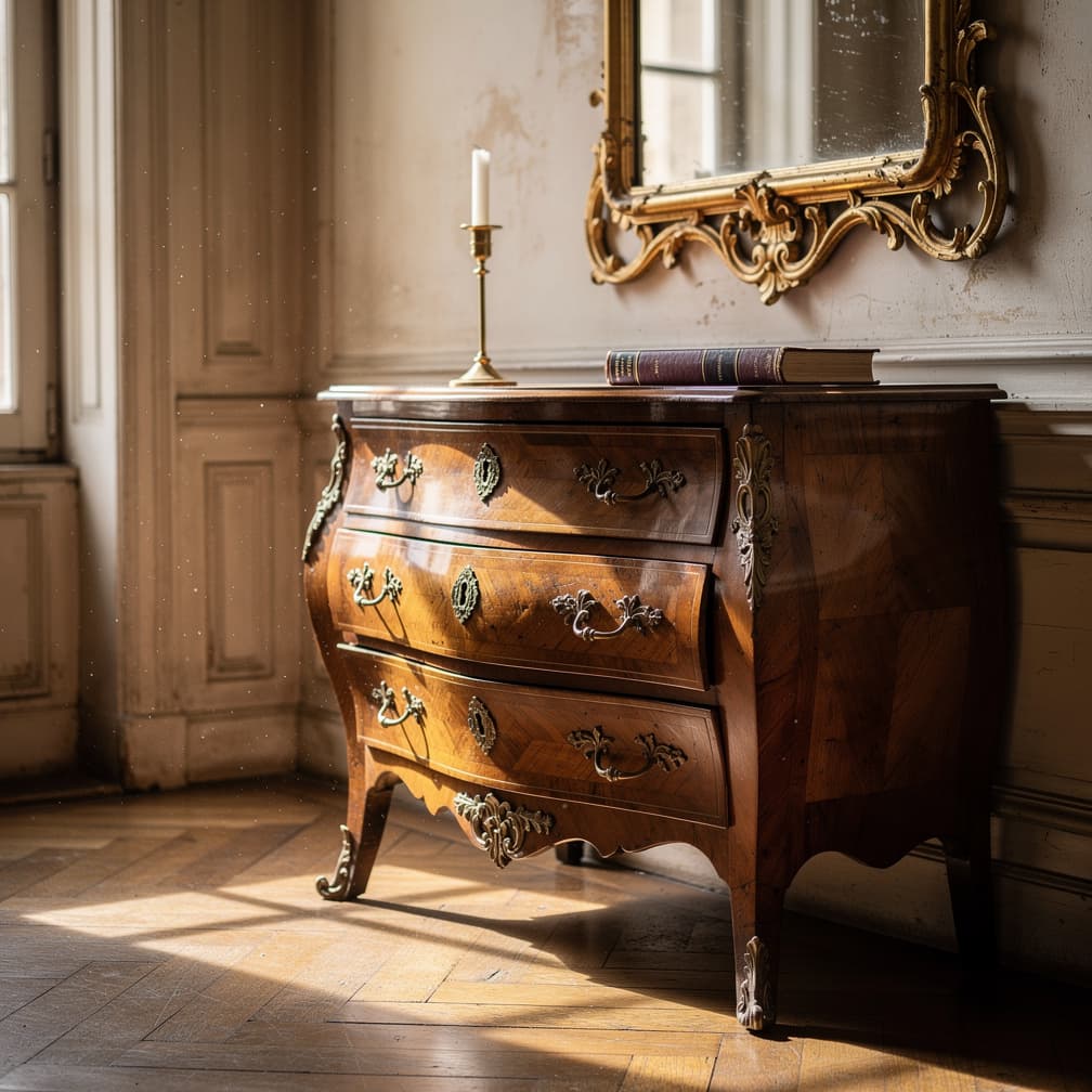 Commode bombée Louis XV en marqueterie dans un intérieur thionvillois