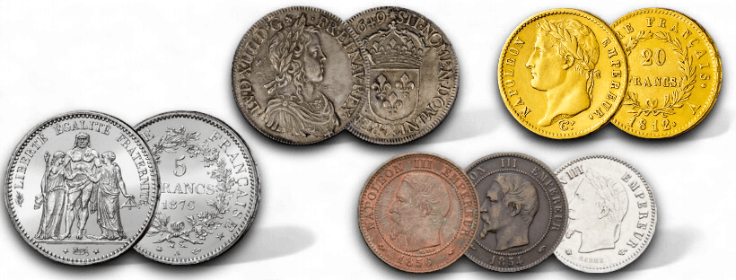 Écus royaux, napoléon 20 francs or et 5 francs Hercule argent