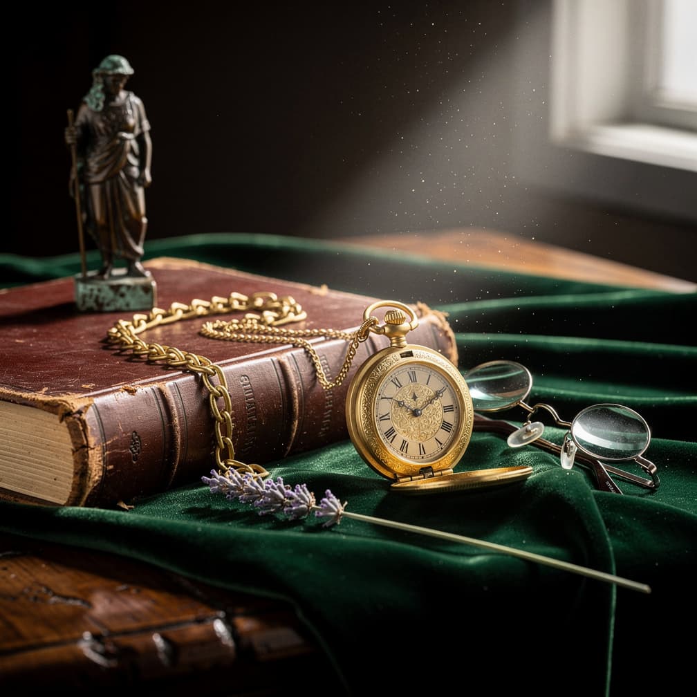 Montre à gousset dorée, livre ancien et bronze patiné — nature morte d'antiquités