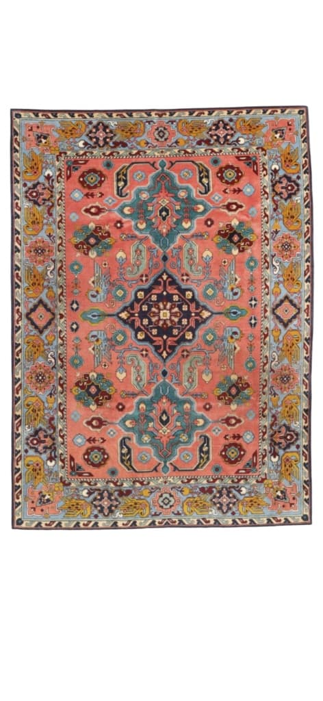 Tapis tribal à palette corail, turquoise et jaune
