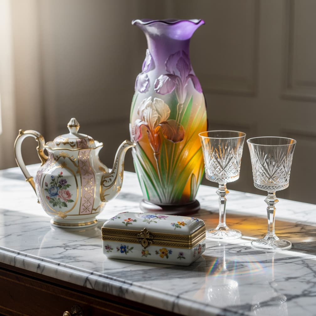 Vase et théière de faïence ancienne sur console marbrée