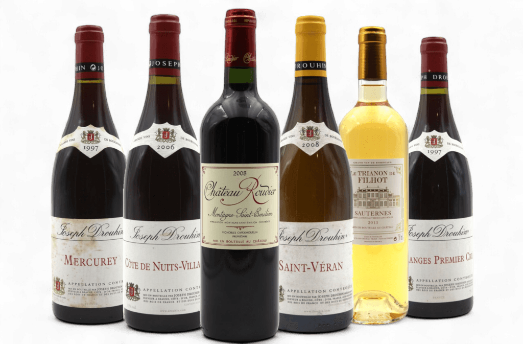 Bouteilles de grands crus Bordeaux et Bourgogne
