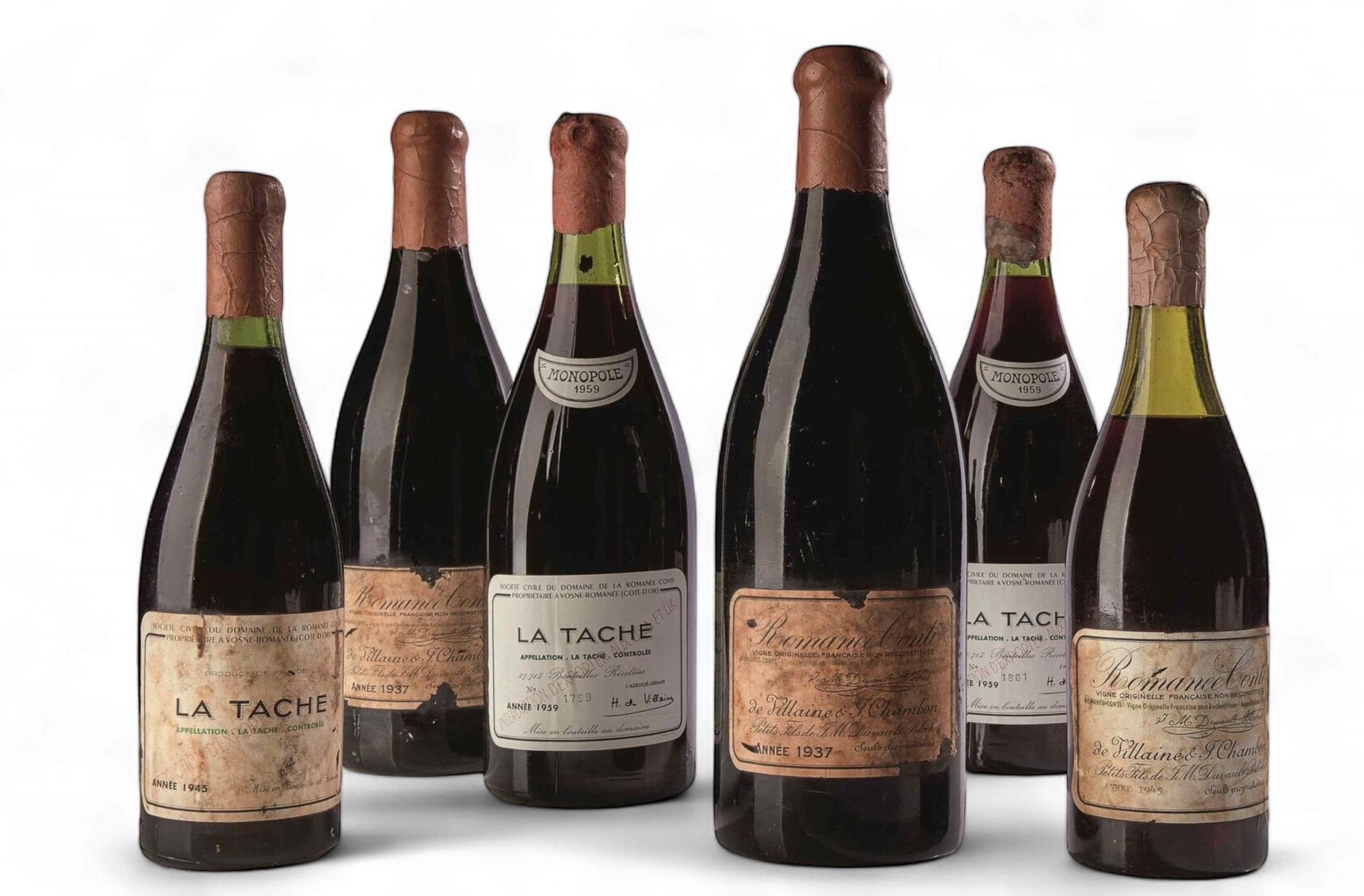Bouteilles anciennes de La Tâche et Romanée-Conti